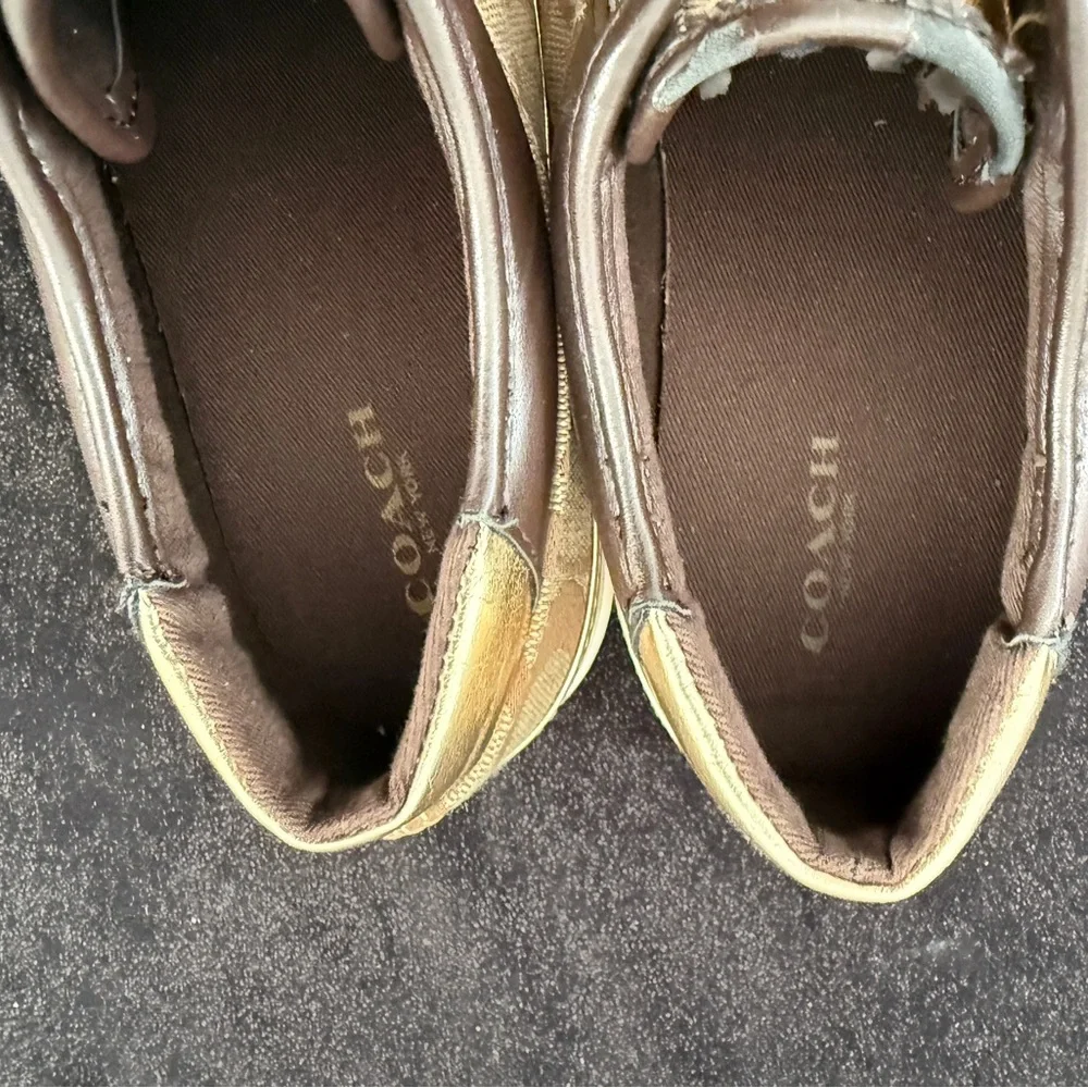 Coach Tan and Gold Patterned Slip-On Shoes - Picture 2 of 5